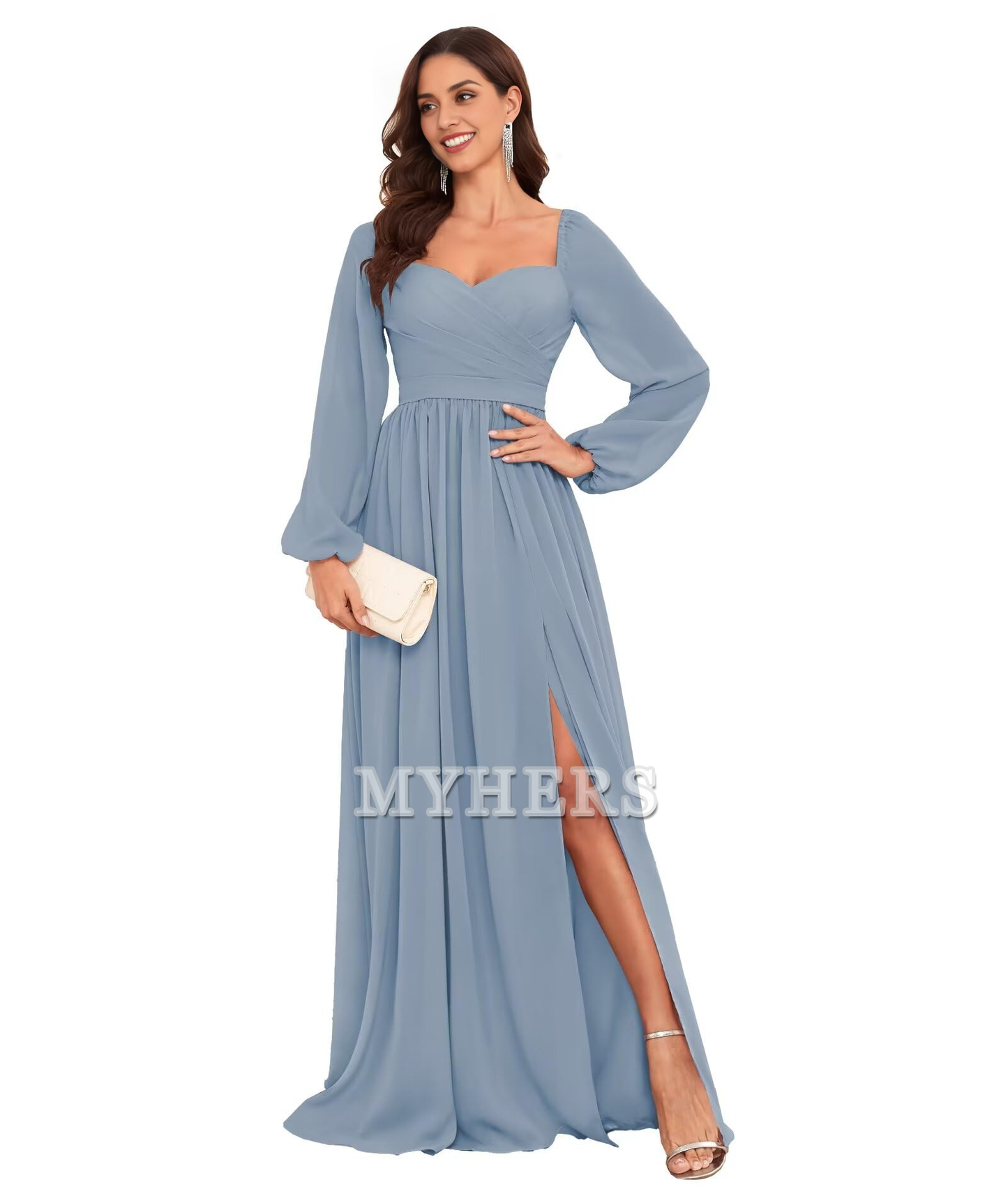 Sweetheart Long Sleeve Pleated Side Fork Chiffon Elegant Bridesmaid Dresses Wedding Guests Dresses