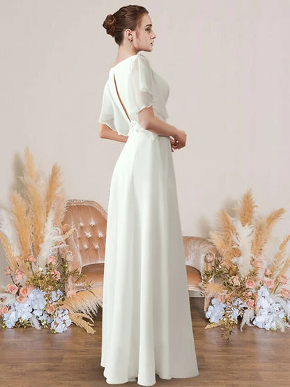 A-Line Wedding Dresses V Neck Floor Length Chiffon Lace Short Sleeve Simple with Pleats Appliques