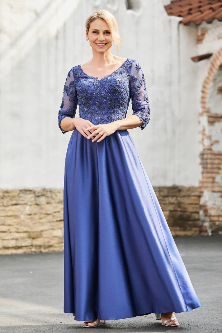 My Hers New Product Mother of The Bride Dress A-Line Satin V-neck Delicate Lace Applique Dress Elegant Wedding Guests Dresses