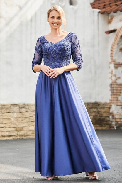 My Hers New Product Mother of The Bride Dress A-Line Satin V-neck Delicate Lace Applique Dress Elegant Wedding Guests Dresses