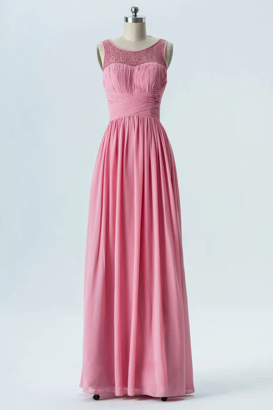 Pink Sweetheart Round neck Sleeveless Chiffon Bridesmaid Dress