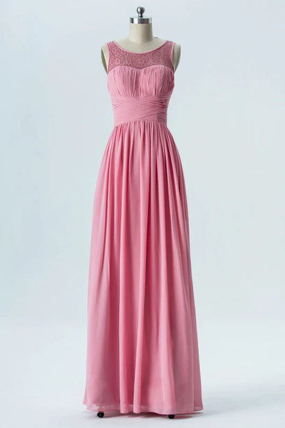 Pink Sweetheart Round neck Sleeveless Chiffon Bridesmaid Dress