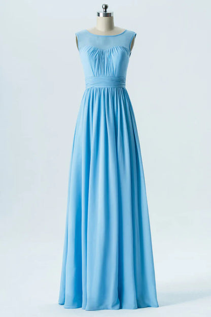 Blue Chiffon Round neck Sweetheart Pleats Backless Bridesmaid Dress