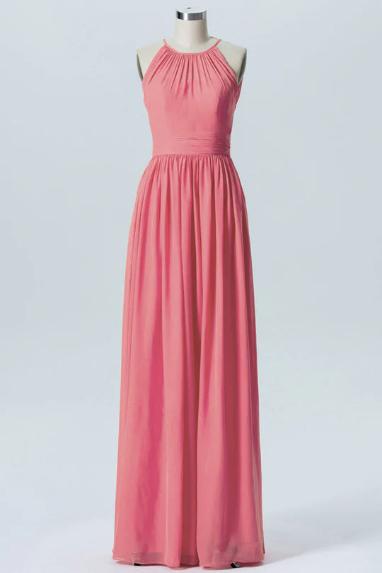 Coral Pink Chiffon Halter Round neck Sleeveless Bridesmaid Dress