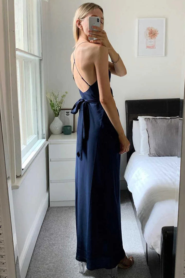 Navy Blue Chiffon Lace-Up V-Neck Backless Sleeveless Long Bridesmaid Dress