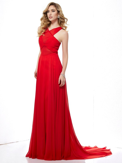 A-Line Halter Sleeveless Backless Long Chiffon Evening Dress Fall November Wedding Guest Dress