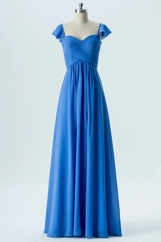 Cobalt Blue Square neck Chiffon Sweetheart Bridesmaid Dress with Cap Sleeves ﻿