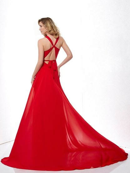 A-Line Halter Sleeveless Backless Long Chiffon Evening Dress Fall November Wedding Guest Dress