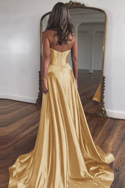 Gold Sweetheart Zipper Back A-Line Off-the-Shoulder Long Satin Prom Dress With Split