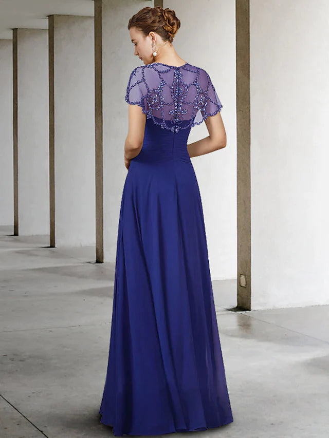 A-Line Mother of the Bride Dress Elegant Jewel Neck Floor Length Chiffon Short Sleeve with Pleats Beading