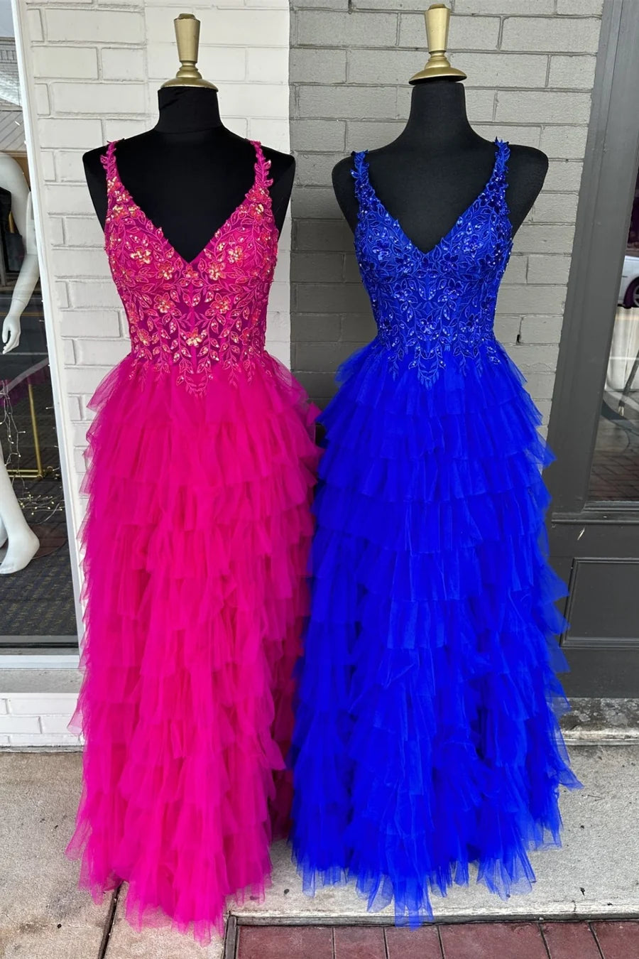 V-Neck Lace Appliques Ruffle Tiered Long Prom Dress