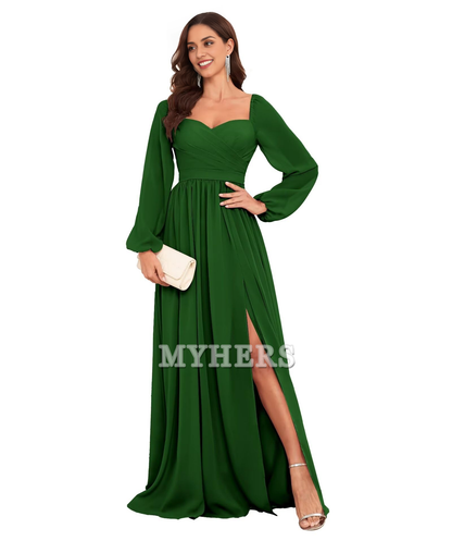 Sweetheart Long Sleeve Pleated Side Fork Chiffon Elegant Bridesmaid Dresses Wedding Guests Dresses