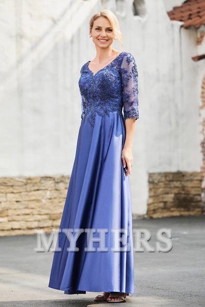 My Hers New Product Mother of The Bride Dress A-Line Satin V-neck Delicate Lace Applique Dress Elegant Wedding Guests Dresses