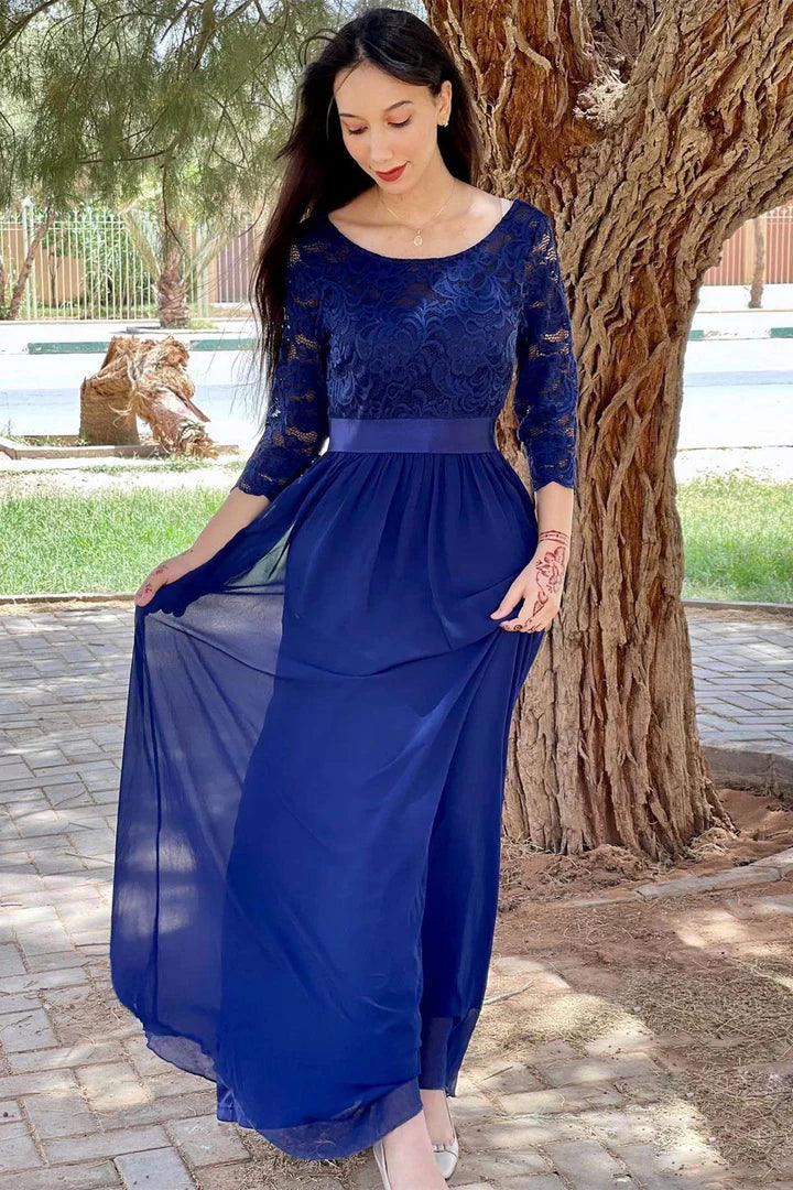 Blue Round Neck Chiffon Applique Half Sleeve Long Bridesmaid Dress ﻿