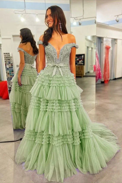 Sweep/Brush Train Dresses Off The Shoulder A-line Tulle Ruffles Layers Applique Long Prom Dress