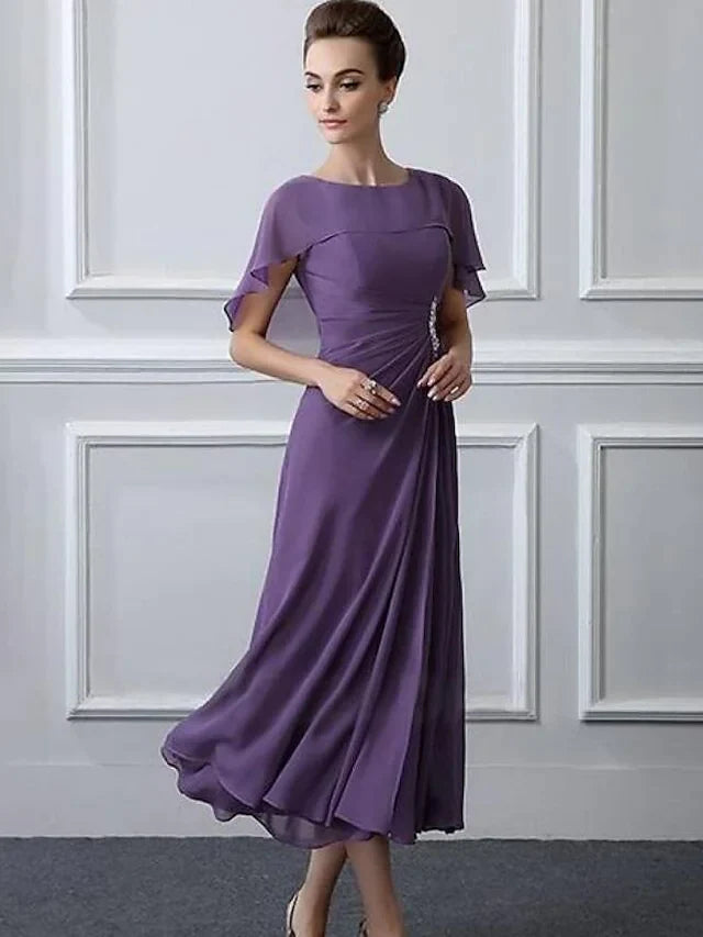 A-Line Mother of the Bride Dress Plus Size Bateau Neck Tea Length Chiffon Short Sleeve with Ruffles Crystal Brooch Ruching