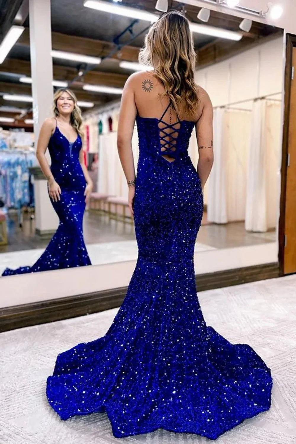 Sparkly Royal Blue Plunge V Lace-Up Back Sequins Mermaid Long Prom Dress