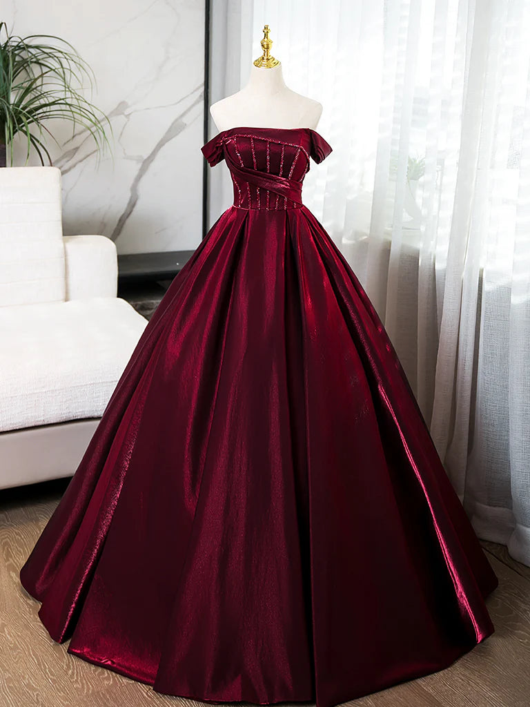 A-Line off Shoulder Satin Long Dress Evening Dress with Beads