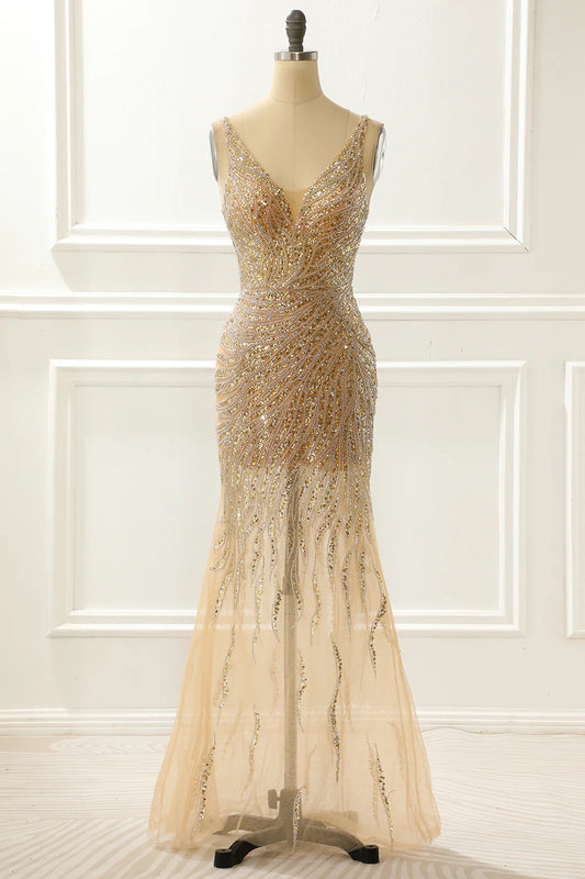 Golden V-Neck Sparkly Slim-fit Unique design Prom Dress With Open Back