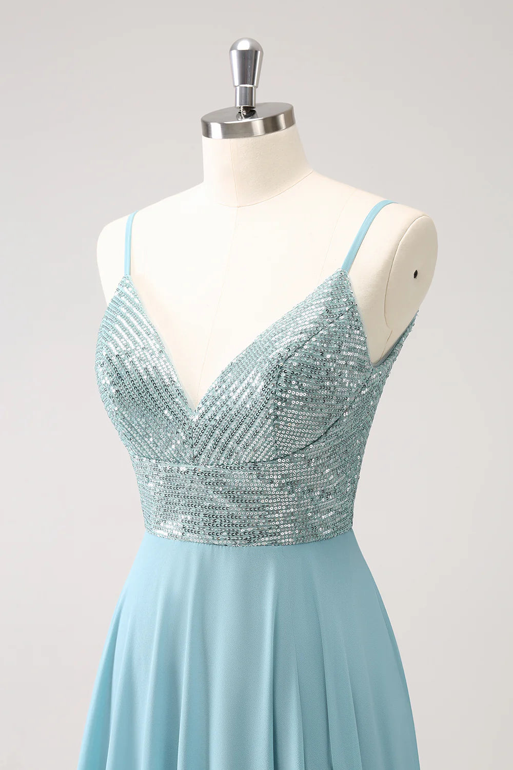 Sparkly V Neck Grey Green Spaghetti Strap Backless Sequined A Line Long Prom Dress ﻿