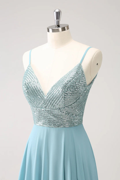 Sparkly V Neck Grey Green Spaghetti Strap Backless Sequined A Line Long Prom Dress ﻿