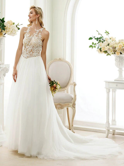 Ball Gown Wedding Dresses Jewel Neck Chapel Train Lace Tulle Lace Over Tulle Regular Straps See-Through Beautiful Back with Buttons Appliques