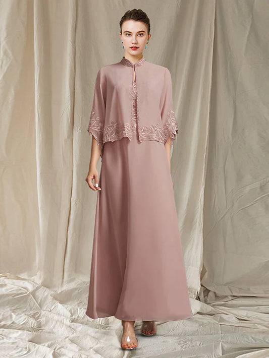 Mother of the Bride Dress Elegant Wrap Included V Neck Ankle Length Chiffon Lace Sleeveless with Beading Appliques