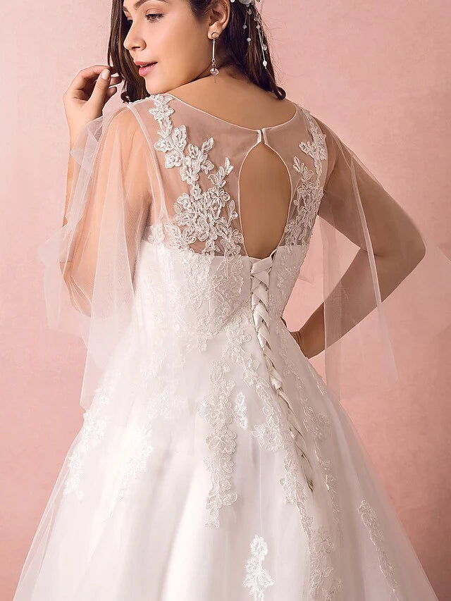 A-Line Wedding Dresses V Neck Court Train Satin Tulle Half Sleeve Formal Plus Size with Appliques