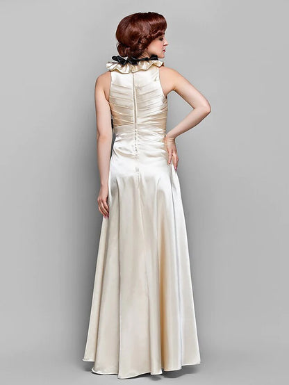 A-Line Mother of the Bride Dress Wrap Included V Neck Floor Length Stretch Satin Length Sleeve with Ruffles Side Draping