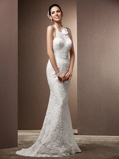 Wedding Dresses Halter Neck Lace Regular Straps Open Back with Beading Flower Button