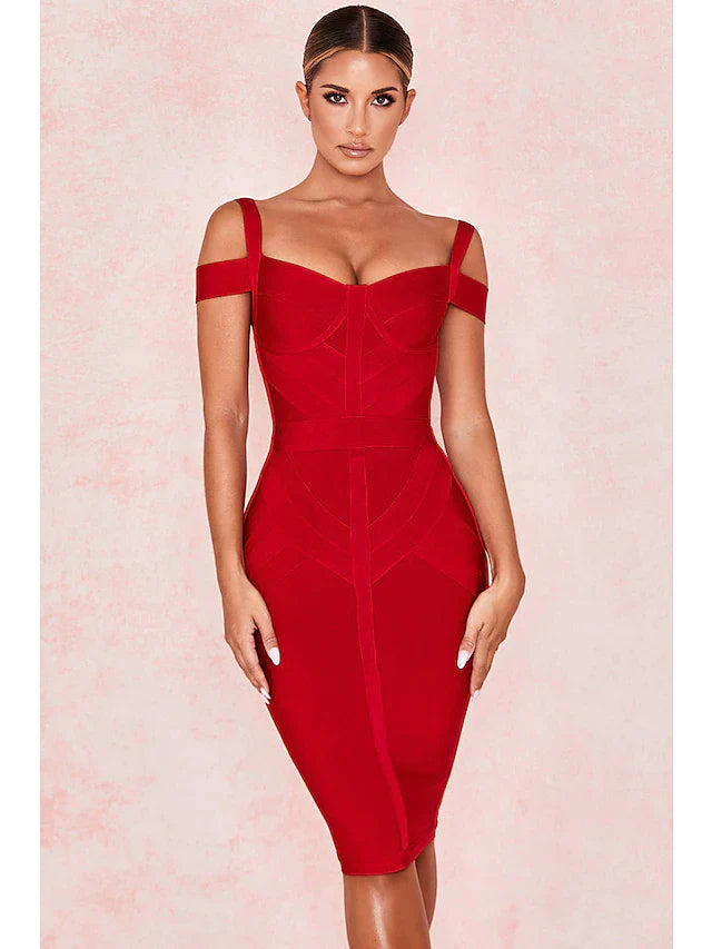 Hot Sexy Party Wear Cocktail Party Valentine's Day Dress Off Shoulder Sleeveless Knee Length Spandex with Sleek