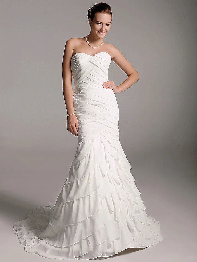 A-Line Wedding Dresses Sweetheart Neckline Strapless Court Train Chiffon Sleeveless