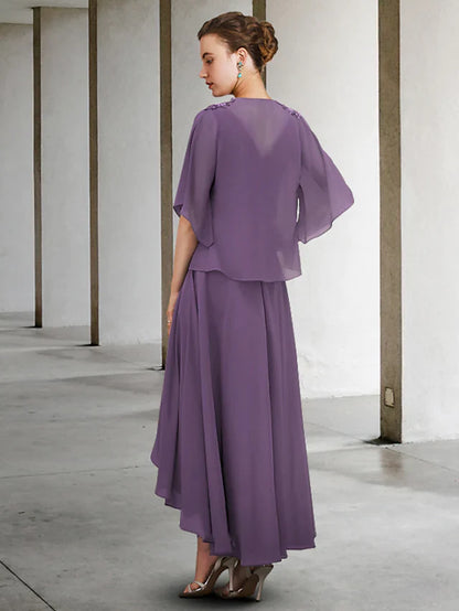 Two Piece A-Line Mother of the Bride Dress Elegant V Neck Asymmetrical Chiffon Half Sleeve with Pleats