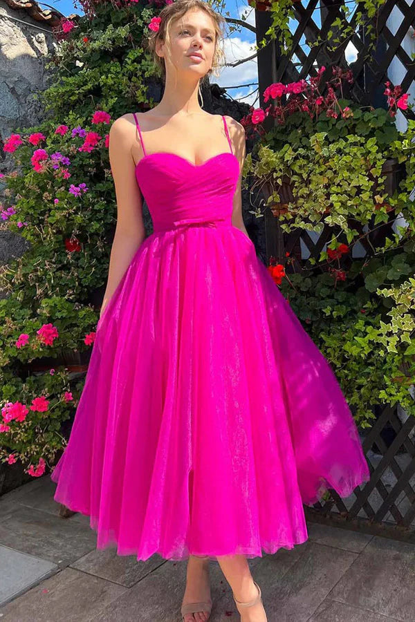 Sweetheart Tea Length Hot Pink Prom Dress Simple Prom Dress