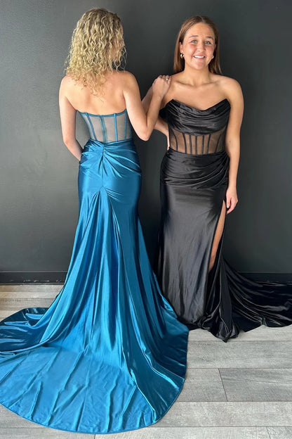 Strapless Sheer Bodice Mermaid Long Formal Dress