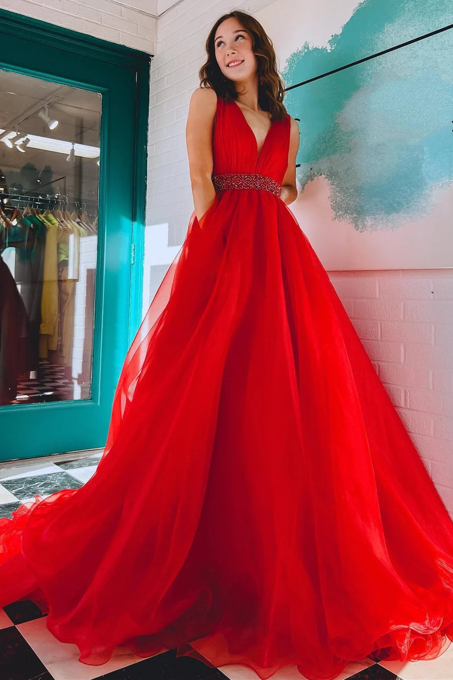 Organza Plunge V A-Line Long Formal Dress with Beaded Sash