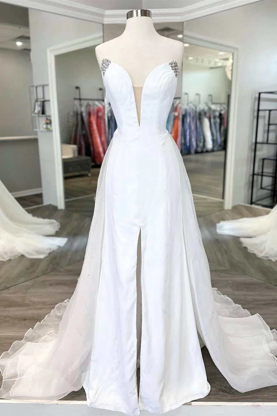 Strapless Beaded A-Line Pageant Dress with Attached Train