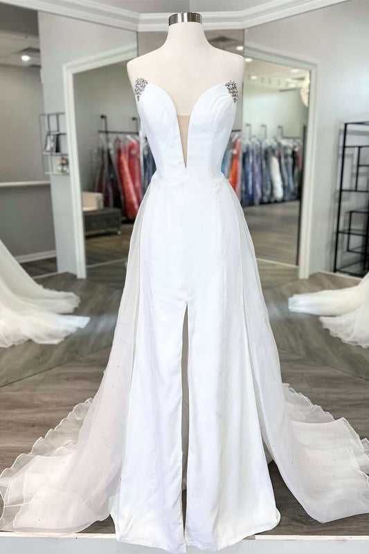 Strapless Beaded A-Line Pageant Dress with Attached Train