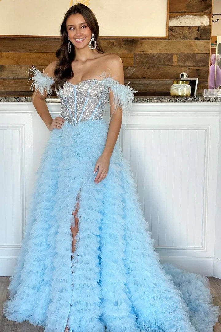 Beaded Feather Off-the-Shoulder Tiered Long Prom Dress with Ruffles