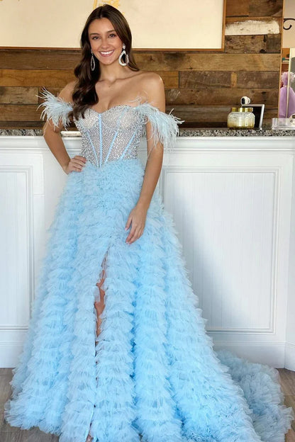 Beaded Feather Off-the-Shoulder Tiered Long Prom Dress with Ruffles