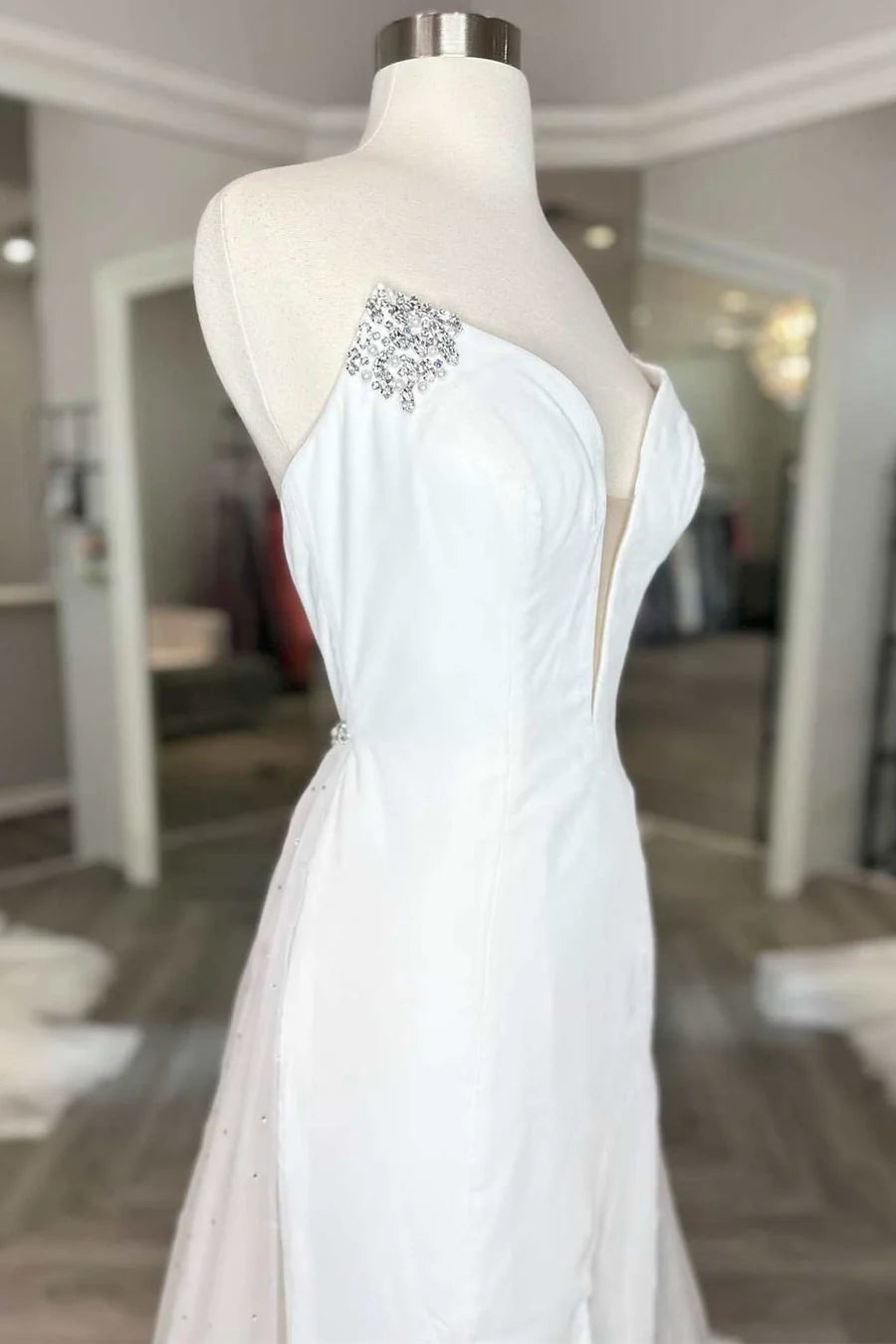 Strapless Beaded A-Line Pageant Dress with Attached Train