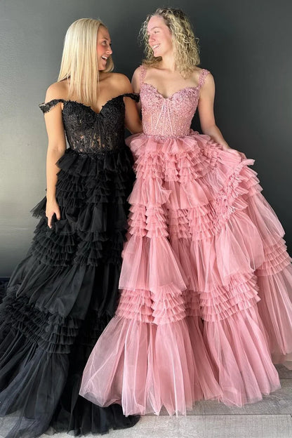 Tulle Off-the-Shoulder Ruffle Tiered Long Prom Dress