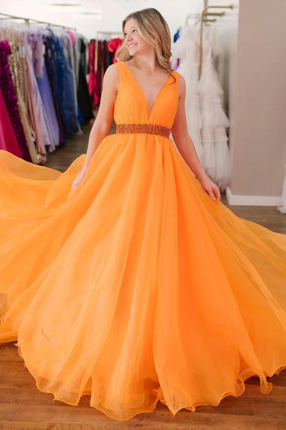 Organza Plunge V A-Line Long Formal Dress with Beaded Sash