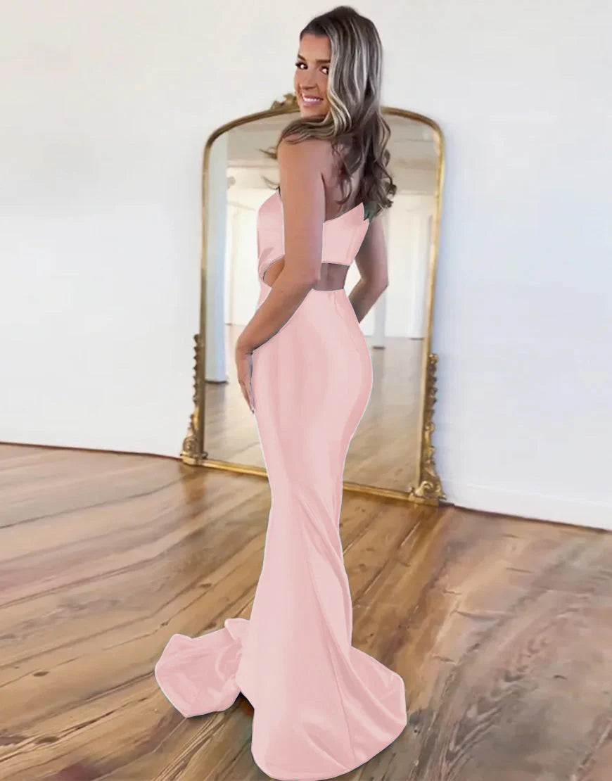 One Shoulder Cutout Waist Long Satin Mermaid Prom Dress With Beading