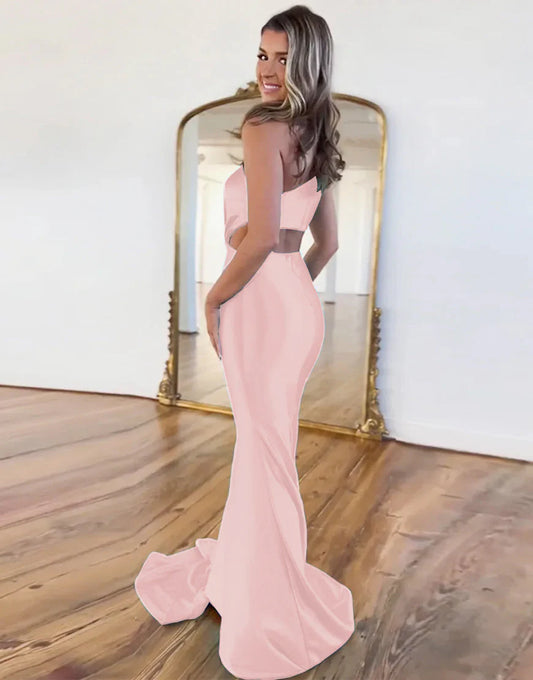 One Shoulder Cutout Waist Long Satin Mermaid Prom Dress With Beading