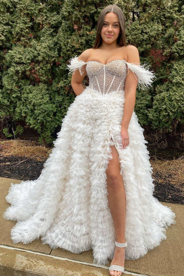 Beaded Feather Off-the-Shoulder Tiered Long Prom Dress with Ruffles