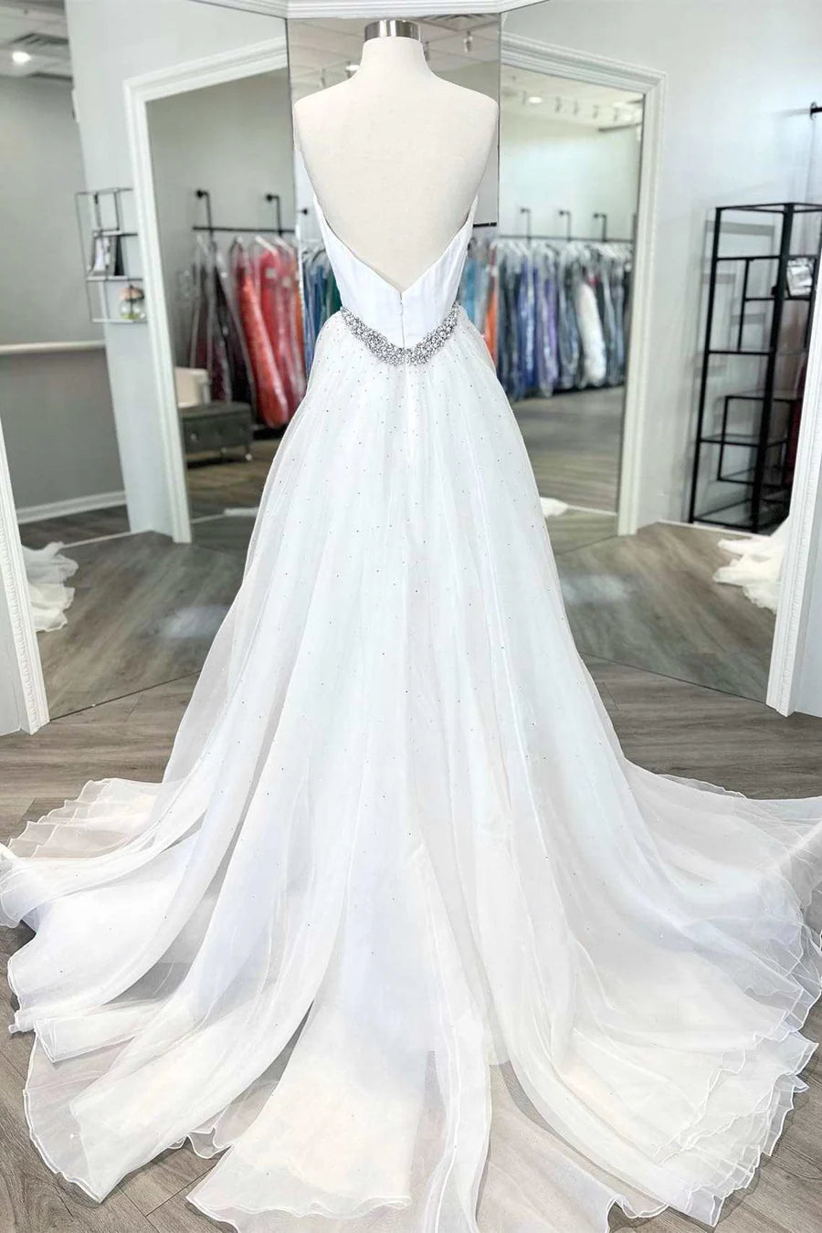 Strapless Beaded A-Line Pageant Dress with Attached Train