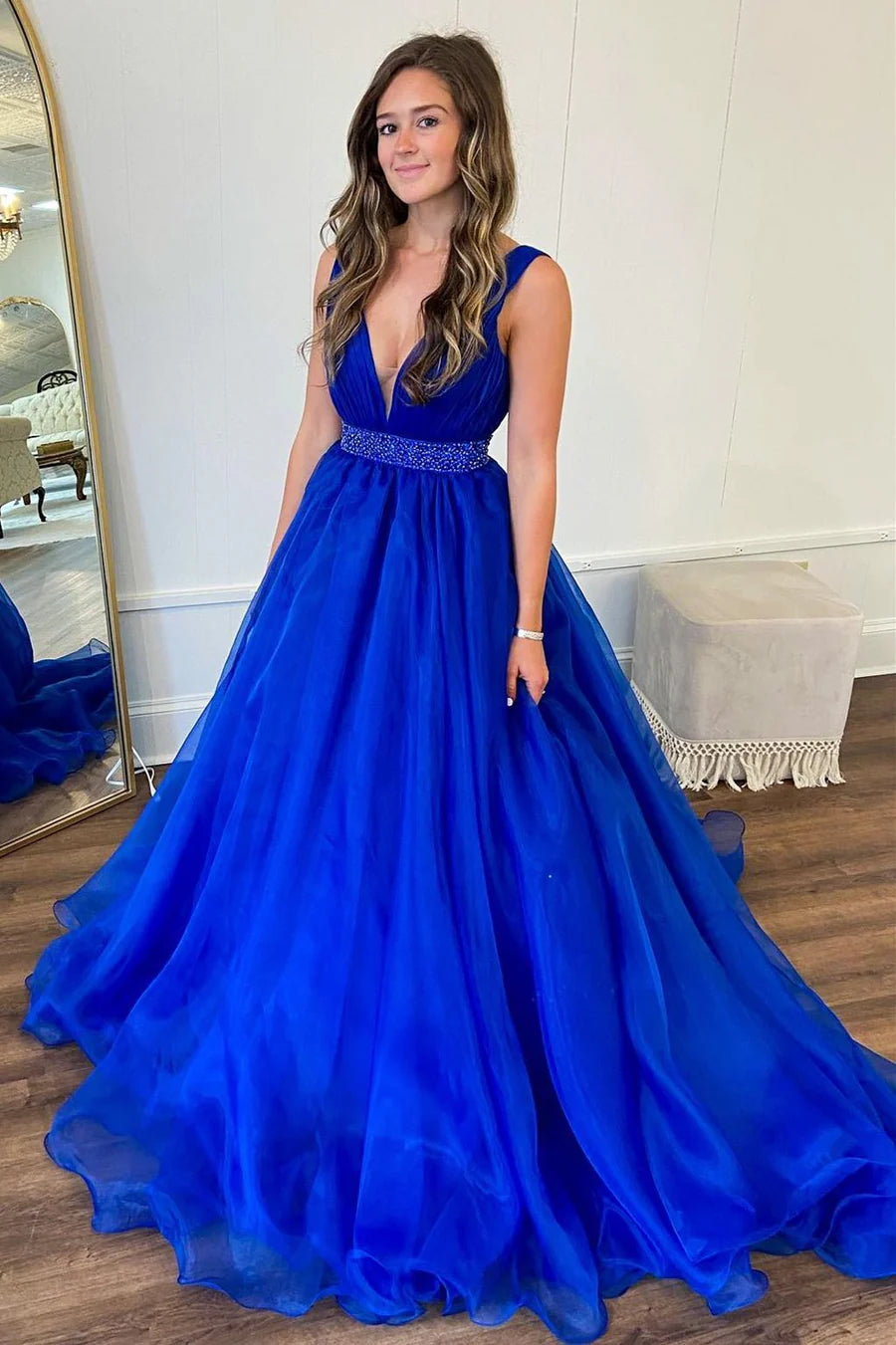 Organza Plunge V A-Line Long Formal Dress with Beaded Sash