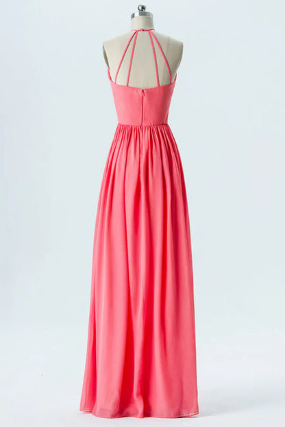 Hot Pink Round neck Halter Backless Pleats Bridesmaid Dress