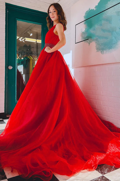 Organza Plunge V A-Line Long Formal Dress with Beaded Sash